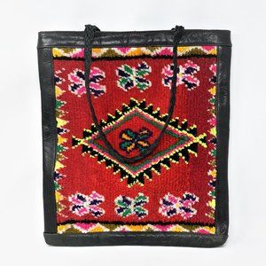 Leather tote made with vintage carpet - from Morocco